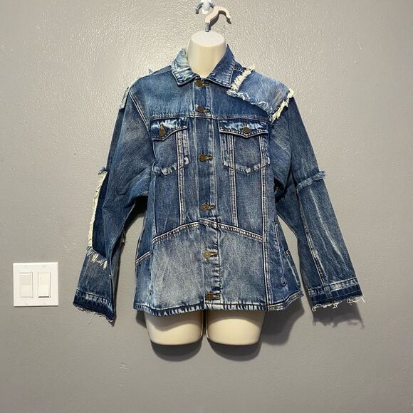 Sandrine Rose Free People Deconstructed Frayed Patched Denim Jean Jacket Size S